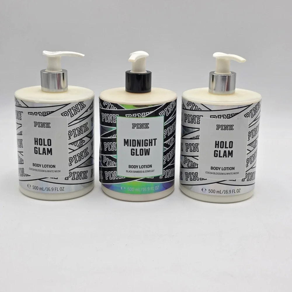 Lot of 3- Victoria's Secret Pink Holo Glam and Midnight Glow Body Lotion 16.9 oz